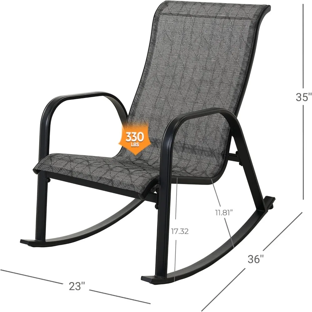 Outdoor Rocking Chair Mesh Sling Rocking Chair Seating Outside for Front Porch Garden Patio Backyard (Black&Grey Plaid, 2 Piece)