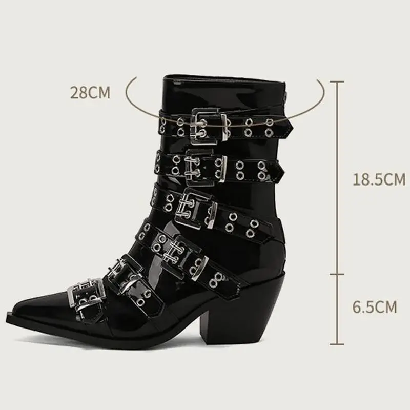 

ORCHA LISA Мотоциклетные женские ботильоны в стиле панк с острым носком на массивном каблуке 6,5 см, большой размер 42, 43, 44 45, 46, заклепки, черный, белый цвет Bota