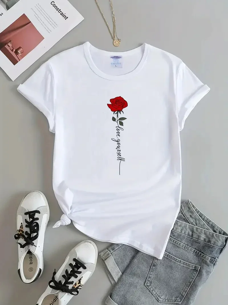 Rose & Letter Funny Print T-Shirt Short Sleeve Casual Top for Spring & Summer Women's Clothing Casual Basics O-collar