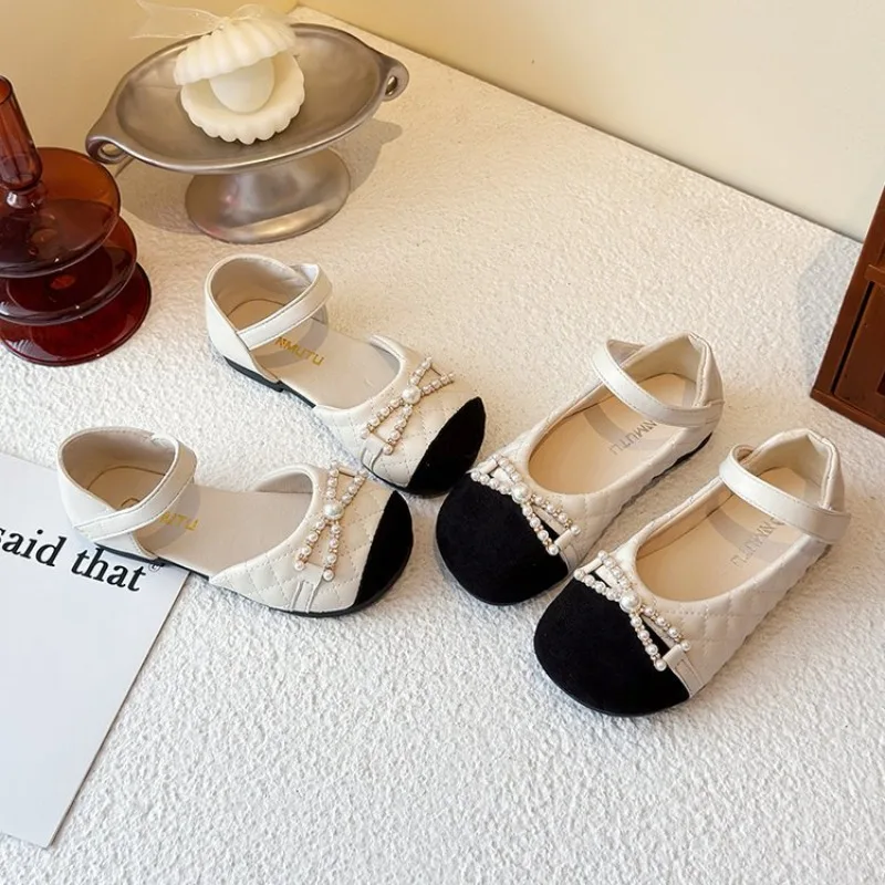 Kids Leather Shoes for Girls 2026 New Autumn Toddler Ballet Flats Bow Peal Non-slip Retro Princess Girls Party Daily Shoes