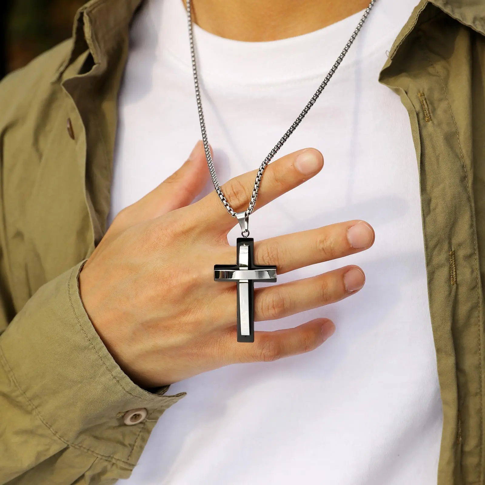 Stylish Layers Cross Necklaces for Men Boys,Two Tones Black Silver Color Cross Pendant, Religion Prayer Collar