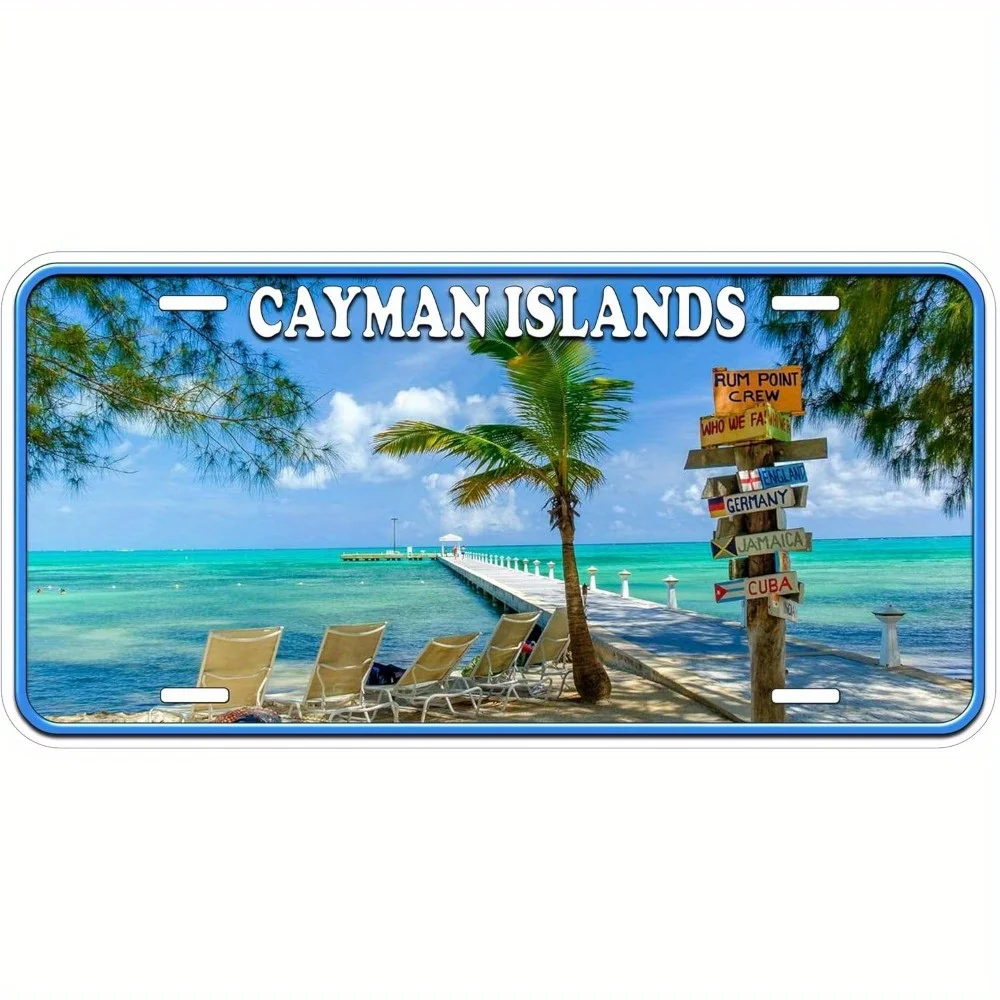 Placa de matrícula de aluminio retro: diseño de Islas Cayman tropicales con árboles y vistas al océano, etiqueta decorativa de tocador para vehículos, Boa