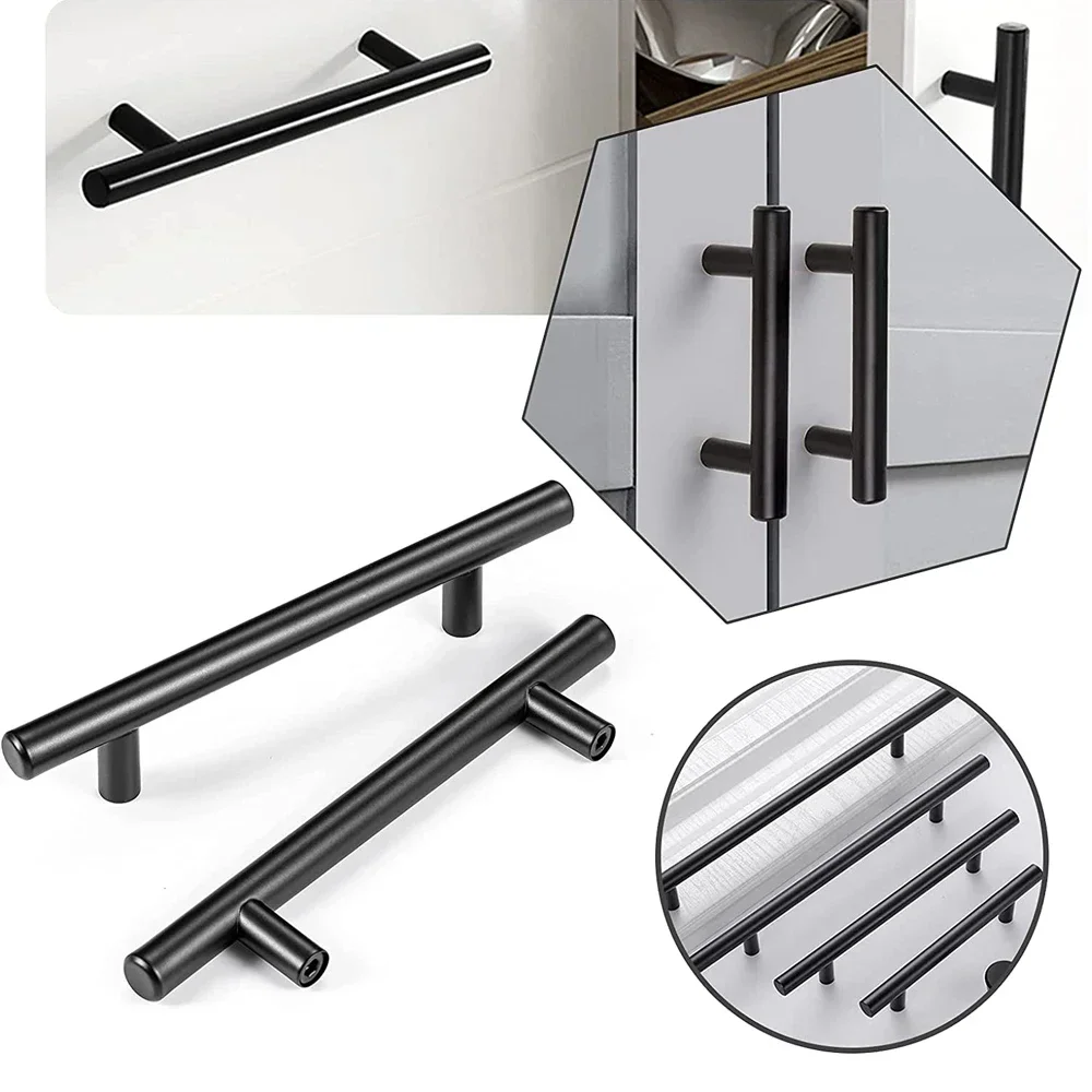 1pcs Furniture Handles Wardrobe Door Pull Stainless Steel Drawer Handle T Bar Straight Kitchen Long Cabinet Closet Knob Black