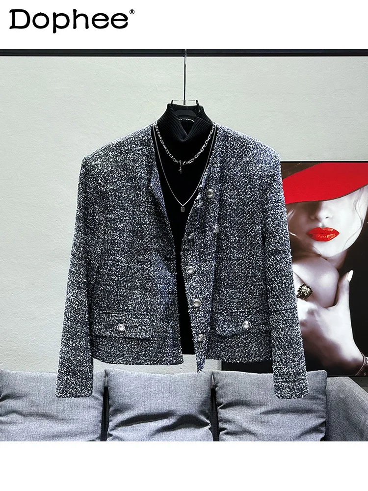 

Gray Sequins Tweed Coats Men's Spring High-End Long Sleeve Single-Breasted Jackets Trendy Male Loose Comfort Short Tops