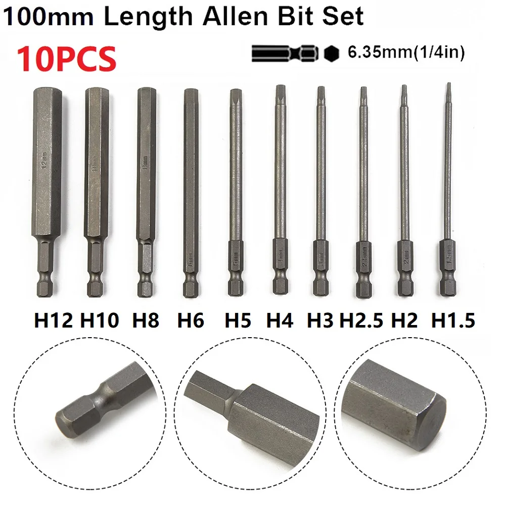 

10pcs 100mm 6.35mm Hex Head Wrench Drill Bit Set Steel Screwdriver Bits 1.5mm To 12mm Metric With Magnetic Tip