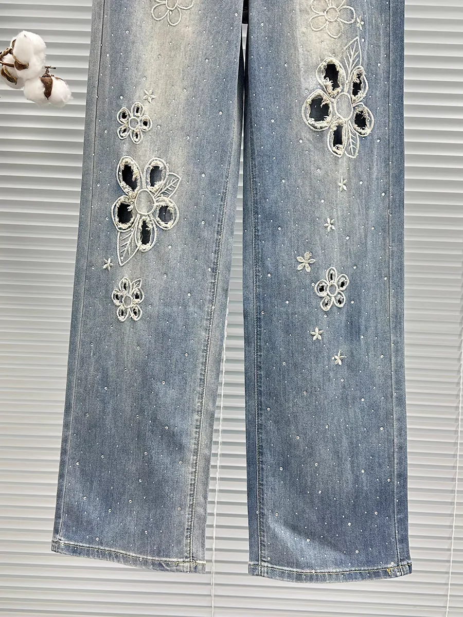 Embroidered jeans women\'s new thin casual pants in the summer of 2024, high waist, loose hot drilling and wild wide-leg pants.