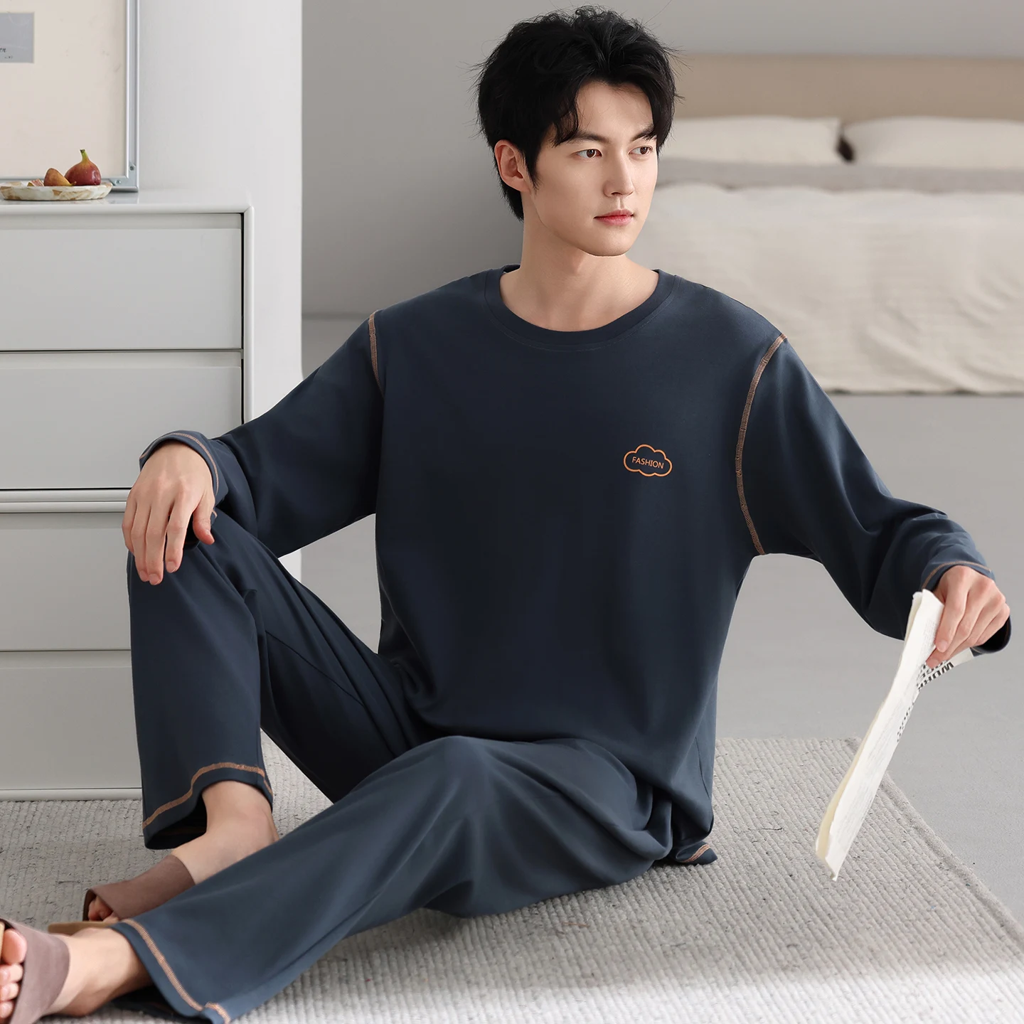 Pyjamas Male Letter Print Soft Cotton Fashion Men Long Sleeve Pajamas Set 2Piece/set Autumn Spring Home Lounge Gifts 4XL 5XL 6XL