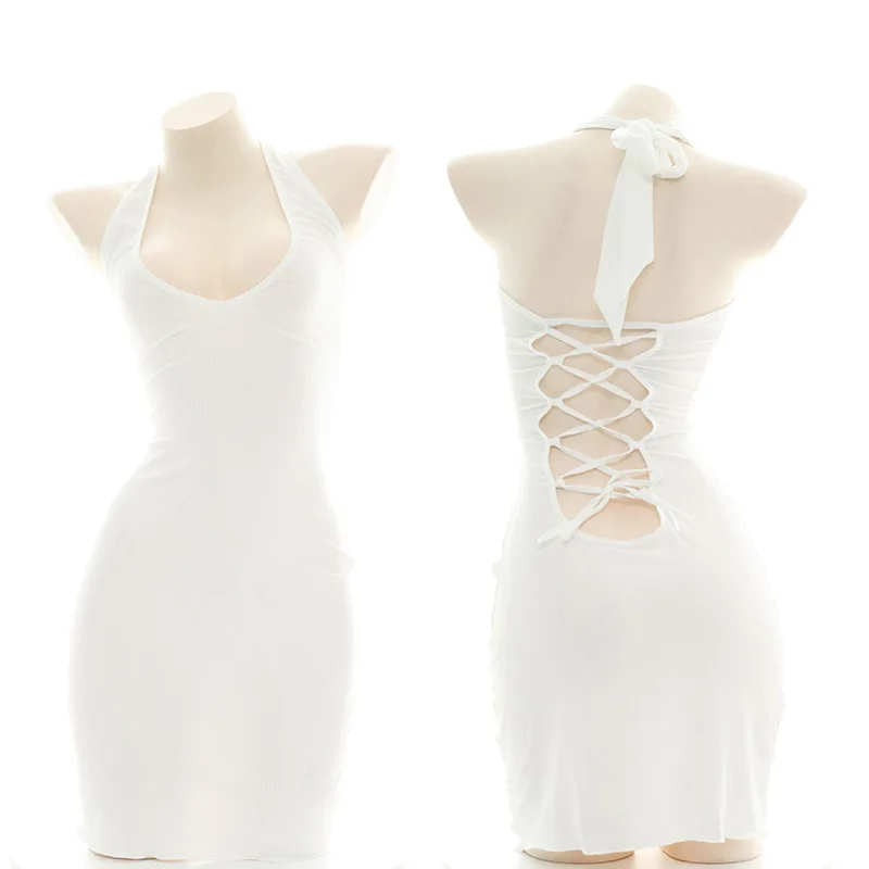 WOMENGAGA Sexy Lady Halter Neck Knitting Sweater Mini Dress Backless Bandage Maid Japan Kawaii Sweet Girl Female Hot Korean