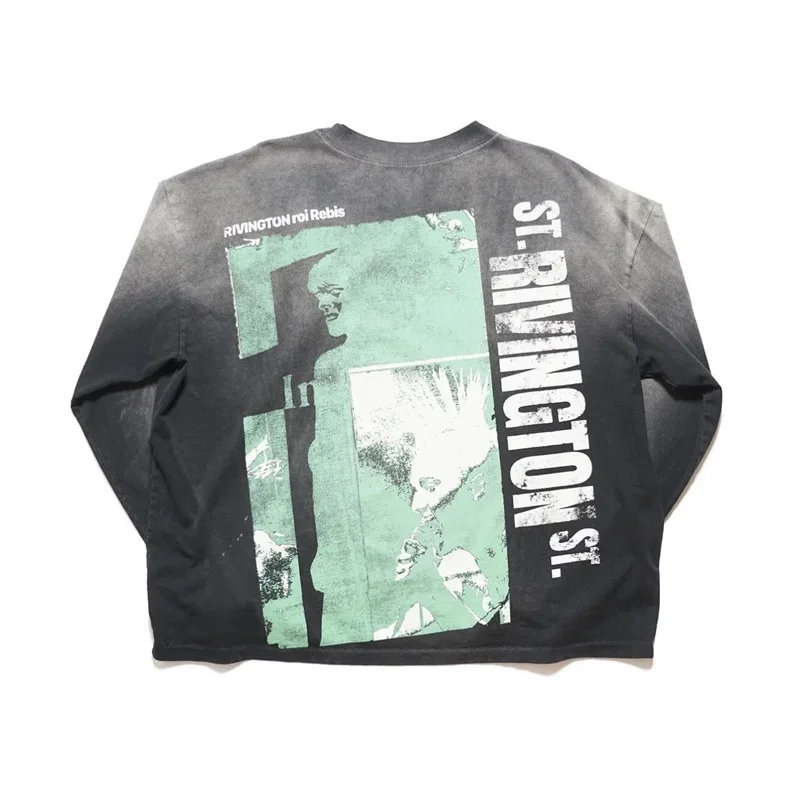 

Випраная винтажная черная футболка с длинным рукавом и узором с принтом RRR123, свободная посадка, укороченный стиль, модная футболка для мужчин и женщин, топы