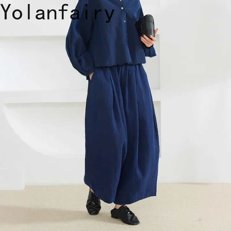 YOLANFAIRY Women 100% Mulberry Silk Gambiered Guangdong Silk Wide Leg Pants High Elastic Waist Generous Casual Pants Trousers