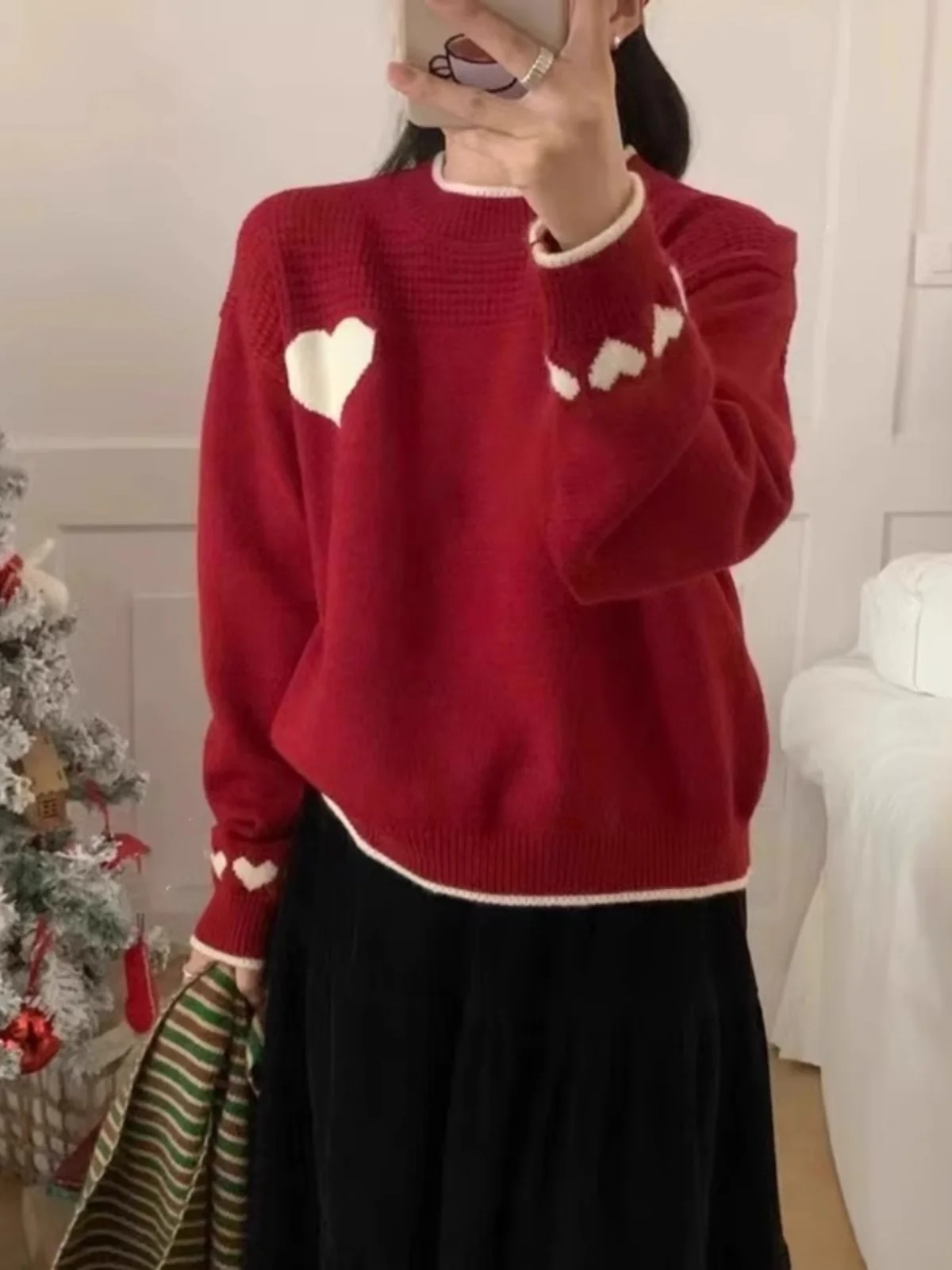 Women Red Korean Love Pattern O-Neck Sweater Autumn Winter New Loose Sweet Soft Splicing Color Knitted Beige Sweater Top