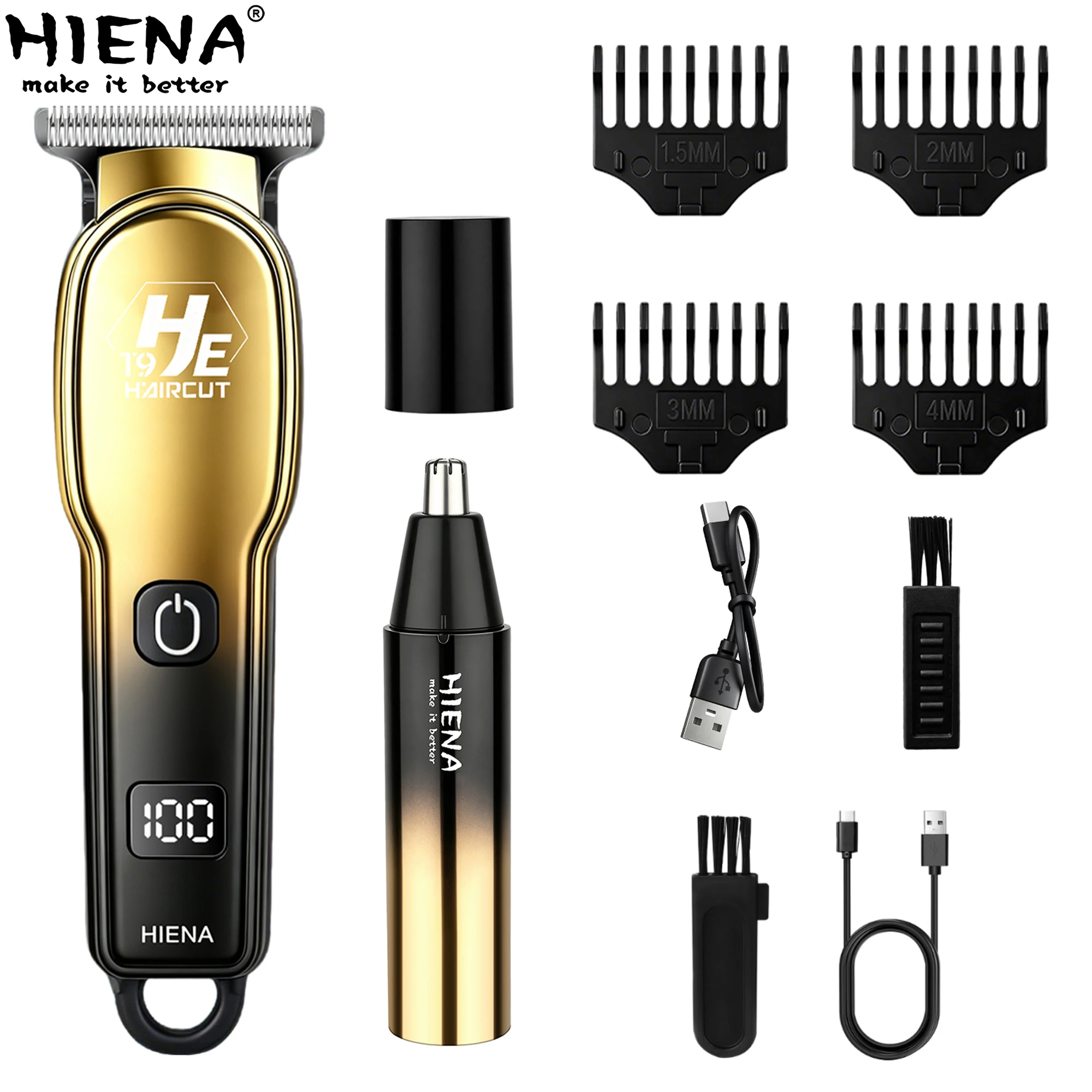 HIENA 2 Pieces Set Hair Trimmer For Man Waterproof Gradient Color Nose Hair Removal Electric 0 MM Oil Head Haircut Machine