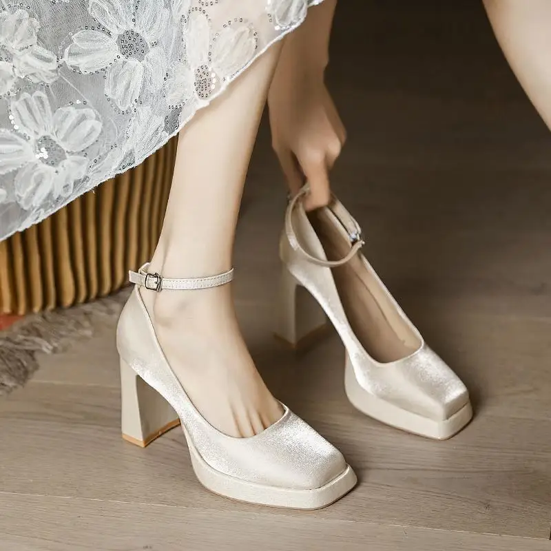 

Women's High Heels Fashion Platform Mary Jane Elegant Satin Party Shoe Luxury Wedding Bridal Shoes for Women Pumps Zapatos Mujer