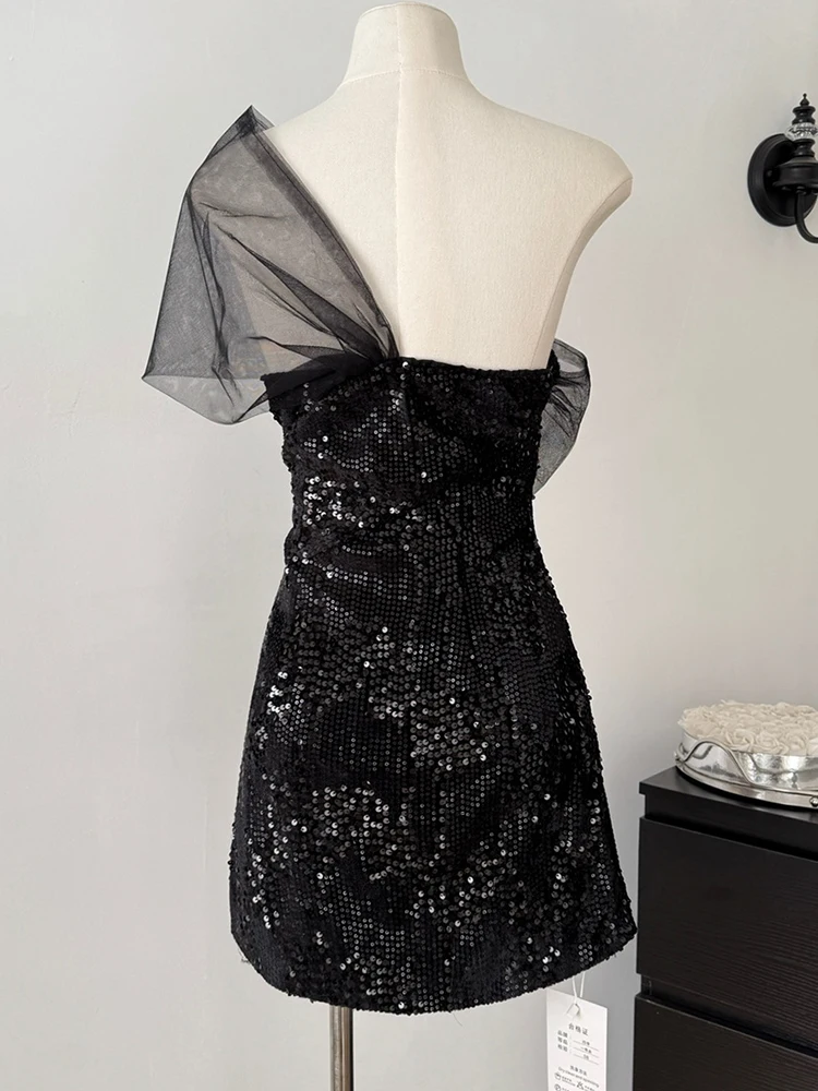 Robe de soirée noire avec coussin de poitrine pour femme, mini robes courtes, nœud en maille, paillettes, élégante, nouvelle mode coréenne, 2025