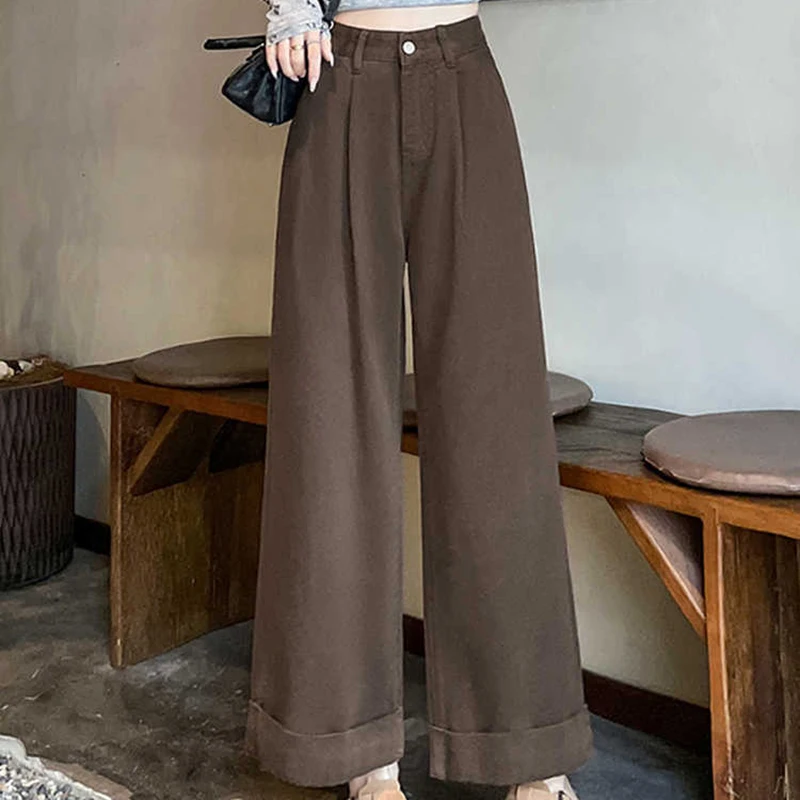 

Кофейные широкие джинсы с манжетами в американском стиле, женские весенне-осенние прямые брюки с высокой талией, свободные универсальные женские джинсовые брюки