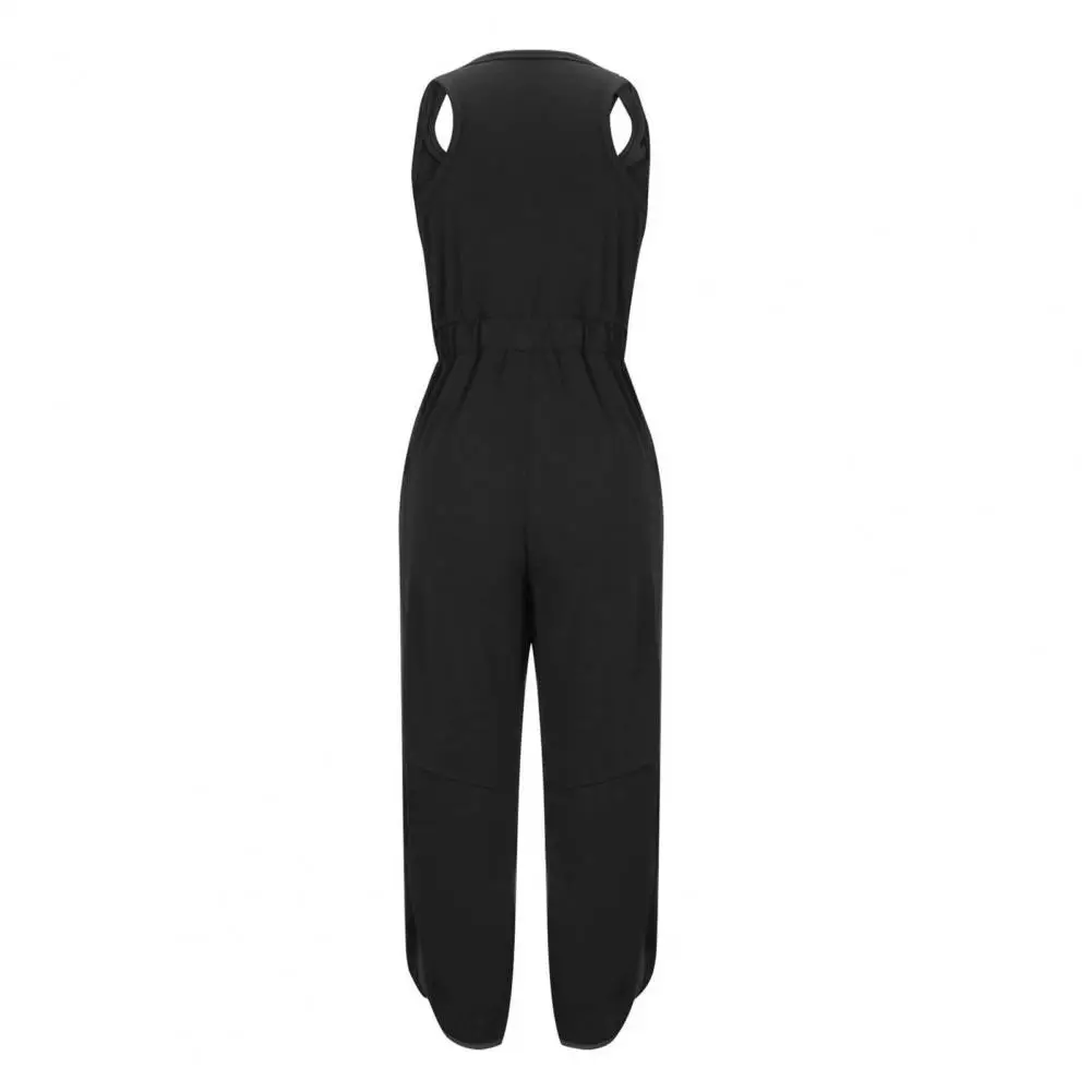 Combinaison en fibre avec taille élastique pour femme, poches, décontracté, sportif, large, été