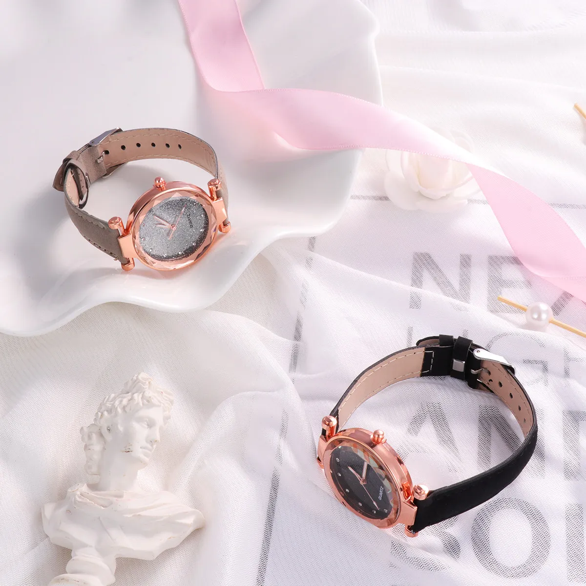 2Pcs Starry Sky Women Quartz Wristwatch Fashion Glittering Black Grey Stylish Comfortable Long-Lasting Gift for Her