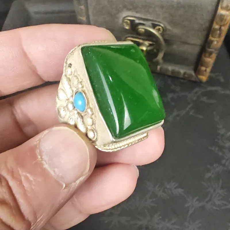 Vintage Ethnic Square Green Imitation Jade Ring Unisex With Tiny Turquoise‑Accent Metal Band Statement Finger Jewelry Men Gift