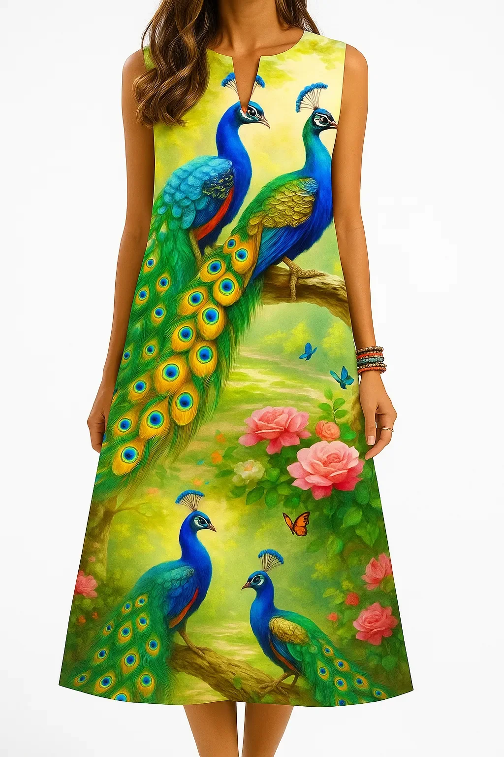 Women's kurt fashionable and elegant long sleeved straight tube casual V-neck peacock pattern new dress