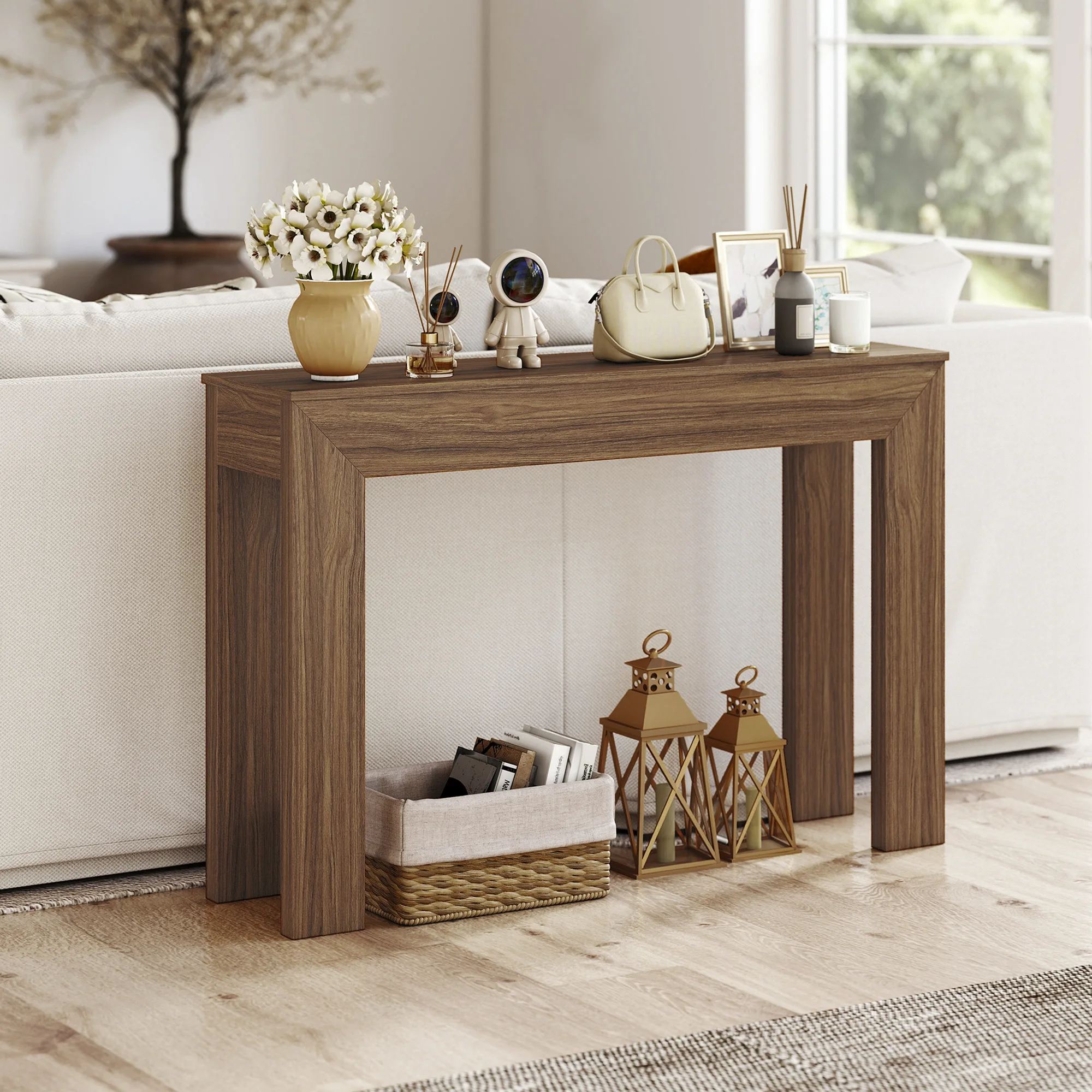 Modern Entryway Table, 47" Narrow Console Table for Entryway, Sofa Table Behind Couch, Living Room, Hallway, Walnut view 7