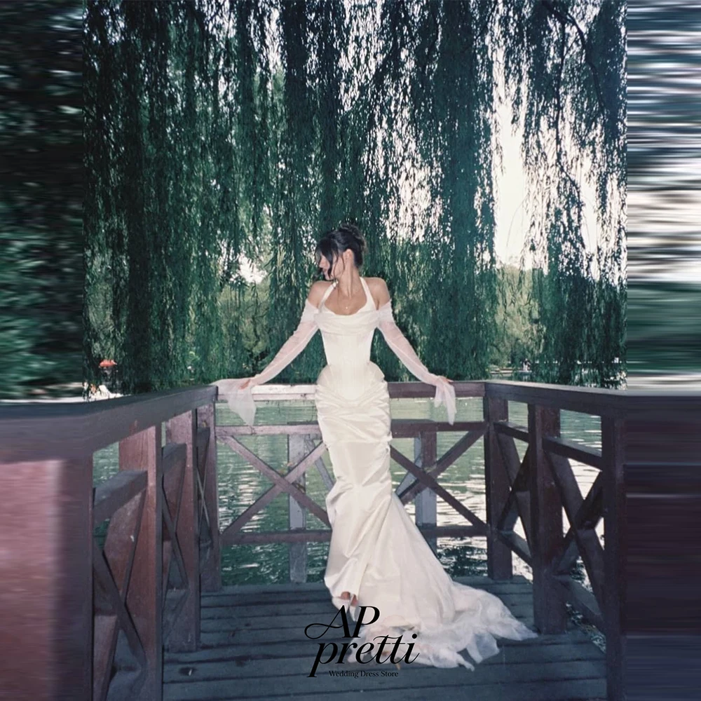 AP Pretti Classic Satin Full Sleeve Bridal Gown Halter Customized Straight Wedding Dresses For Women Court Train Robe De Mariée