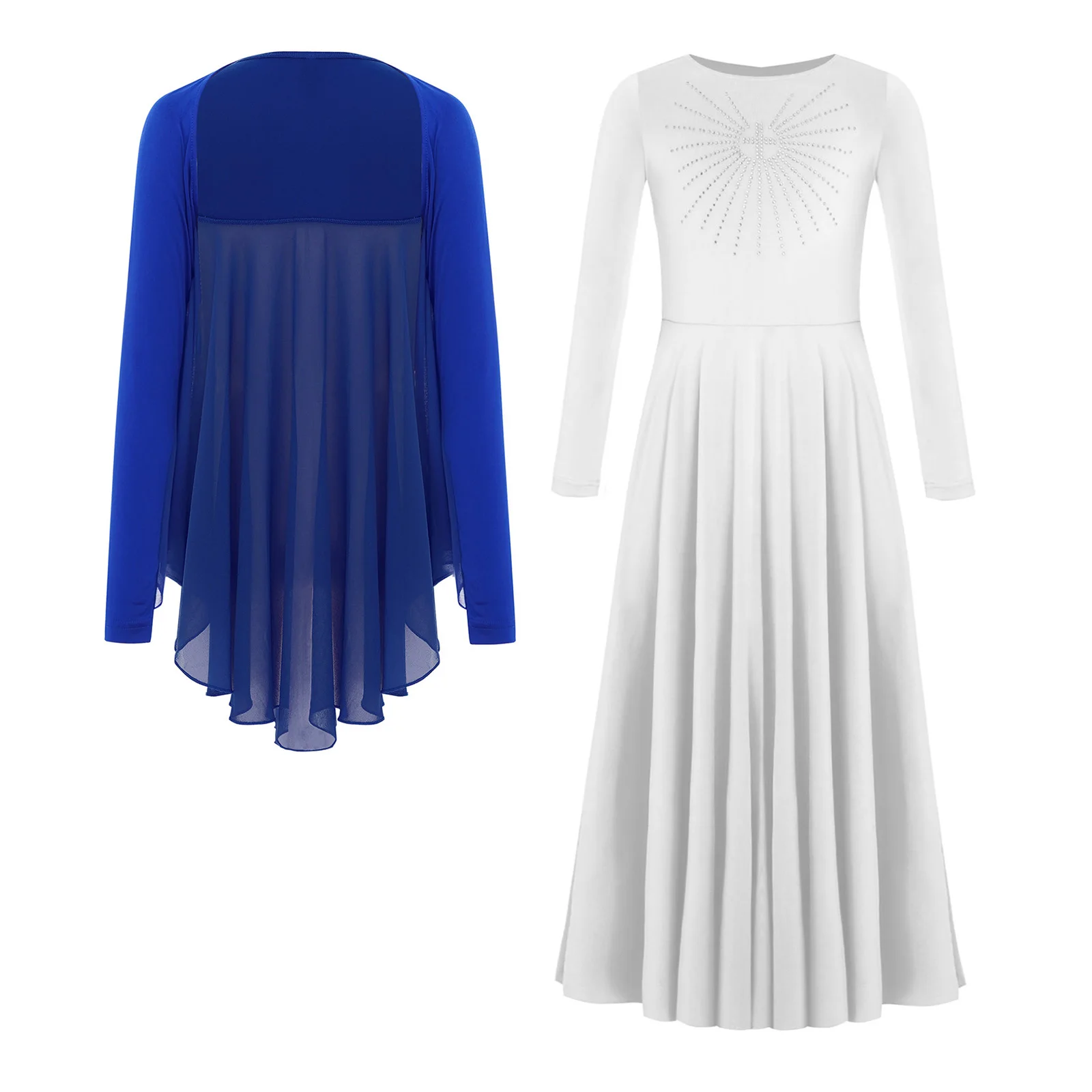 

Kids Girls Choir Modern Contemporary Dance Performance Dress Sets Drapey Angel Wing Shrug with Rhinestone Maxi Dress Dancewear