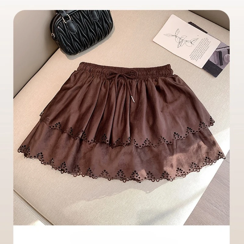 Seoulish outono inverno veludo cintura alta bolo feminino saias curtas 2025 coreano rendas oco para fora a linha skater mini saias femininas