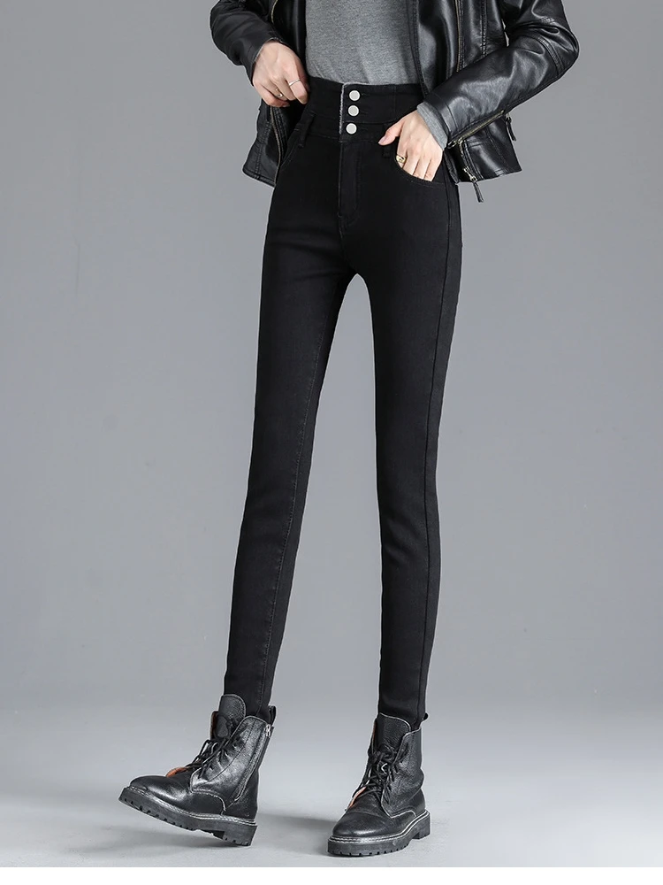 

Женские джинсы с высокой талией на флисовой подкладке, эластичные, облегающие, повседневные, с застежкой на пуговицах, из хлопкового стрейч-денима