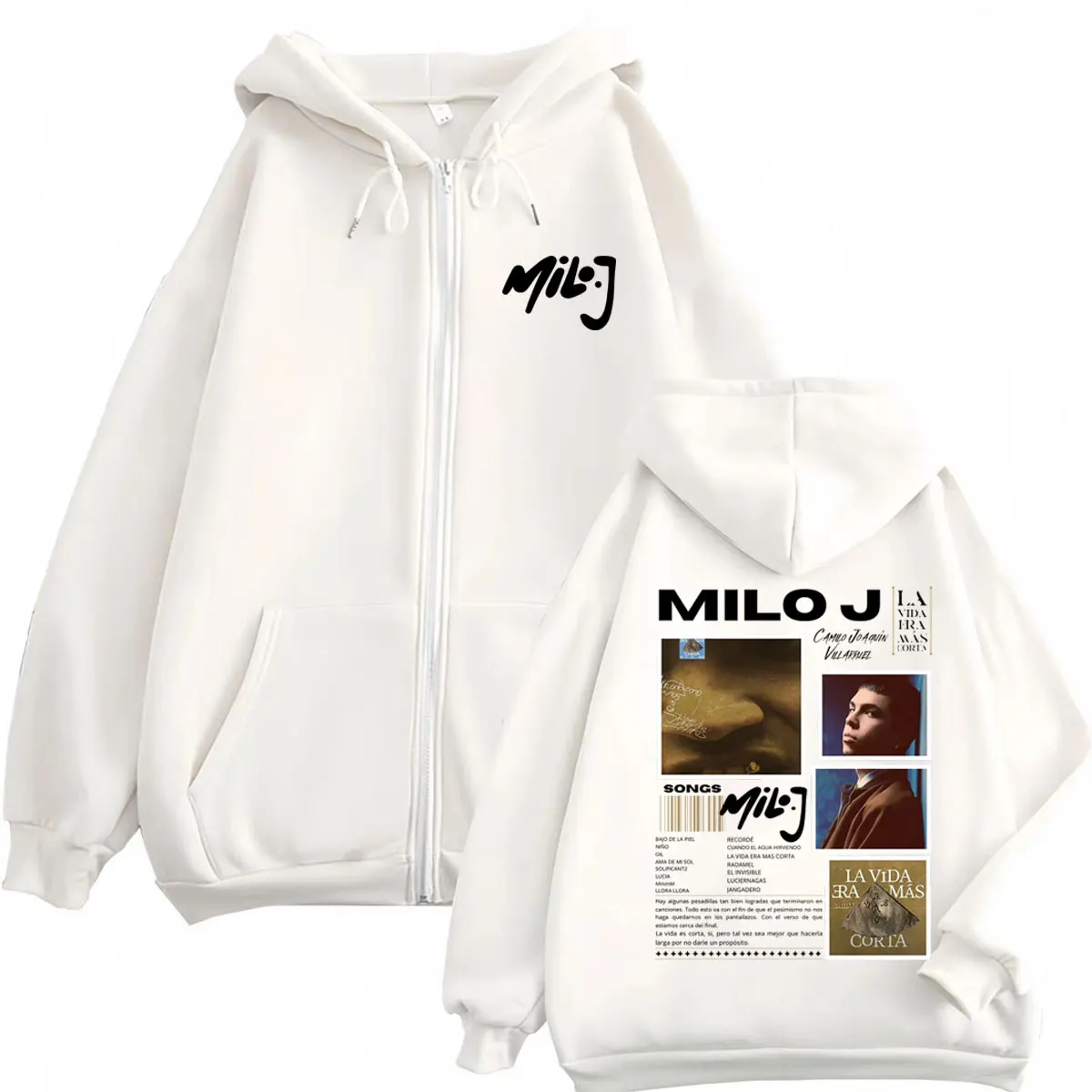Rapper Milo J La Vida Era Mas Corta Album Zipper Hoodie Men's Women Hip Hop Sweatshirt Loose Harajuku Vintage Zip Up Jacket Coat