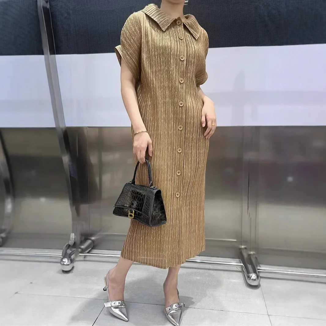 

miyake pleated dress for women 2025 new single-breasted cardigan jacket versatile loose gold lapel long pleated skirt