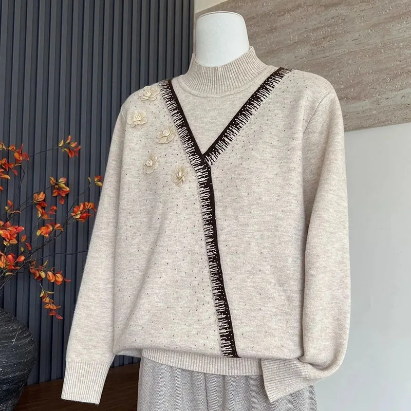 Herfst Winter Dames Nieuwe Nep Tweedelige Gebreide Trui Dieptepunt Shirt Vrouwen Plus Fluwelen Gewatteerde Warme Jas Ronde Hals trui