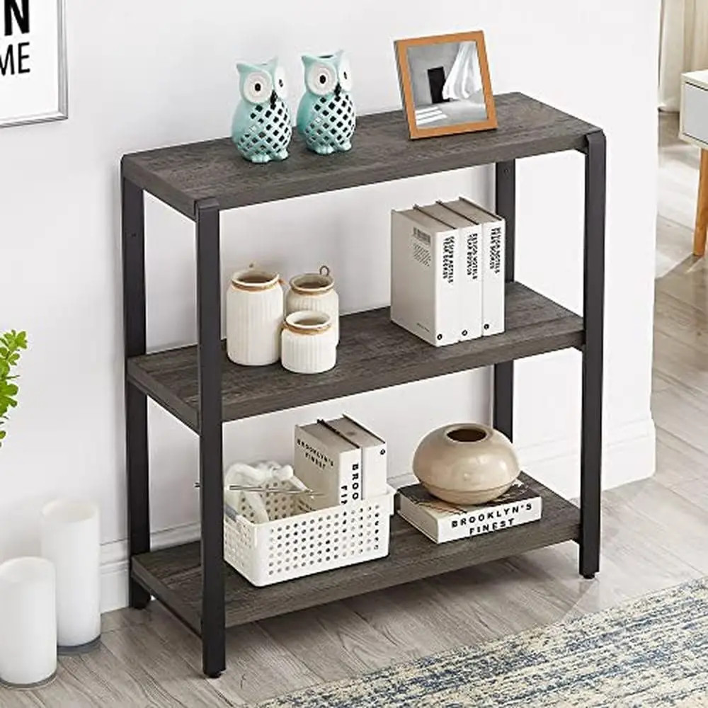 3 Tier Vintage Industrial Style Bookcase with Durable Metal Frame Rustic Grey Wood Shelves Office Kitchen Bedroom Living Room