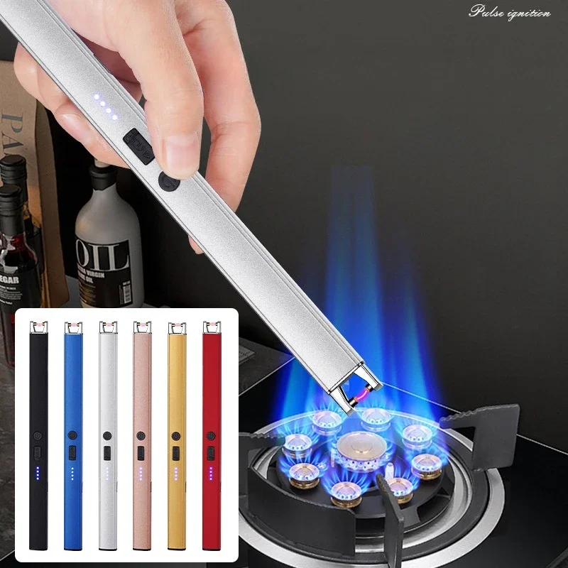 

HOT Windproof Pulse Arc Ignition Electronic Lighter Safety Lock Battery Display Outdoor BBQ Kitchen Igniter USB Electric Lighter