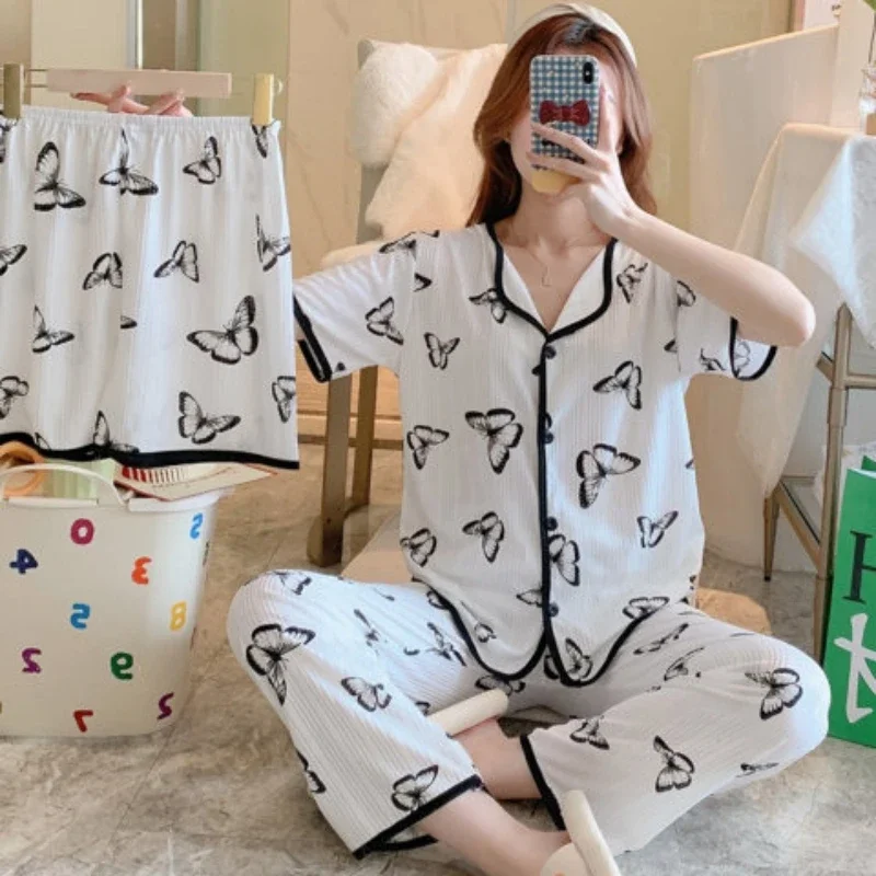 Summer Homewear Ladies Short-sleeved Three-piece Pajamas Women Homewear Loose Loungewear Ins Style Four Seasons Women Pajamas