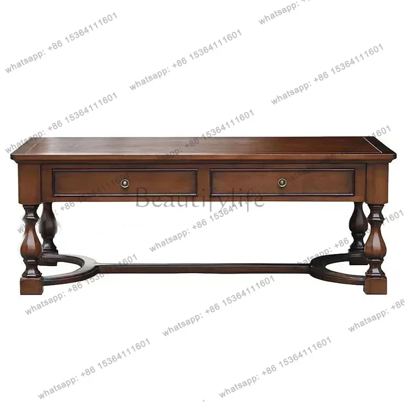 

American rural solid wood carved rectangular living room coffee table French simple household tea table