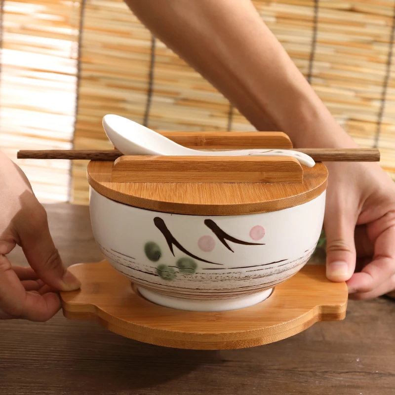 Japanese Style Rice Noodle Bowl with Lid Spoon and Chopstick Kitchen Tableware Ceramic Salad Soup Bowl Food Container Dinnerware