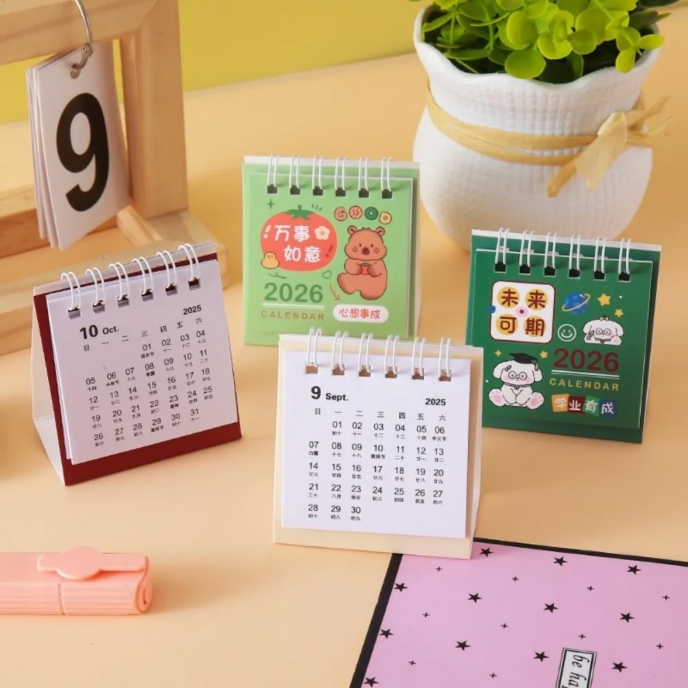 

Simple Mini 2026 Desk Calendar Flip Coil Binding Standing Calendar Cartoon Daily Planner Office School Supplies