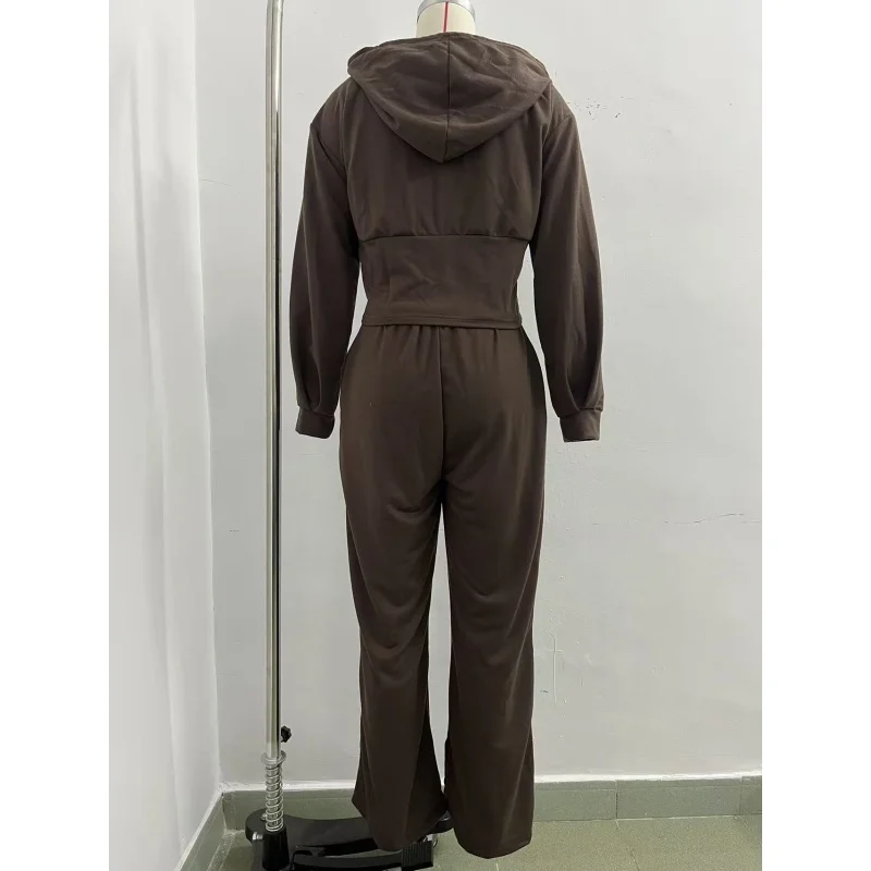 Damen 2-teiliger Trainingsanzug mit Kapuze, Reißverschluss-Crop-Jacke und hochtaillierter Schlaghose, lässiges Sport-Outfit für Damen – Detail 6