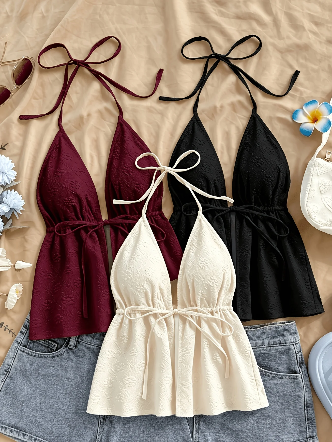 3 Pcs Women Jacquard Halter Peplum Cami Tops, Deep V Neck Self‑Tie Sleeveless Tank Tops, Drawstring Waist Flowy Summer Casual Ca