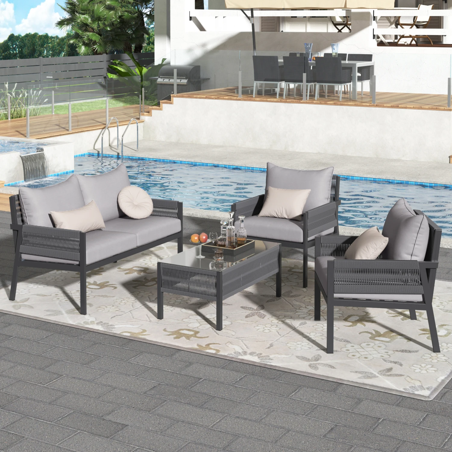 K&K 4-Piece Outdoor Patio Furniture Set with Tempered Glass Table and Thick Cushion - Grey