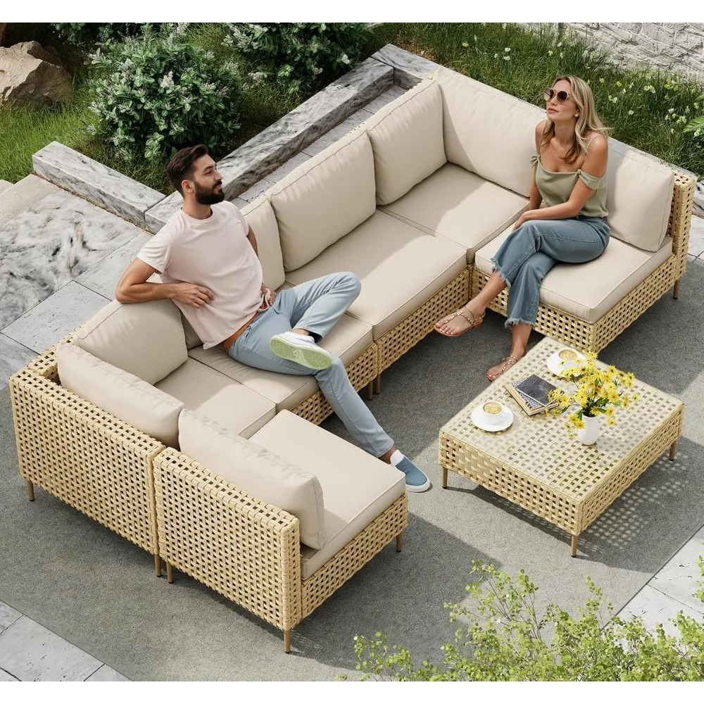 

7-Piece Wicker Outdoor Patio Furniture Set, Modular Rattan Outdoor Furniture, Patio Conversation Sets Outdoor Sectionals Sofa,