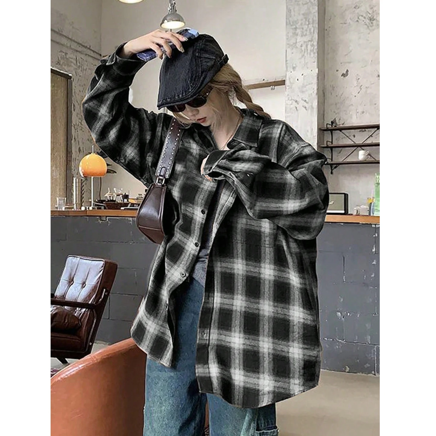 

Retro American Sle Women's irt Spring 2026 Loose Long Sve Open Cardigan Coat Design Lazy Sle Plaid Printed Casual Wear