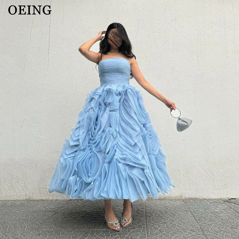 OEING Sky Blue Prom Dresses Elegant Princess Tulle Tiered Flowers Party Dress Special Occasion Ladies Gown Vestidos De Novia