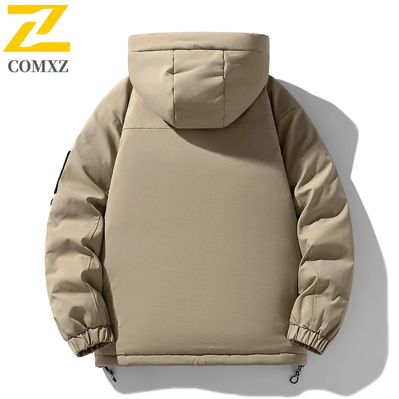 COMXZ ​Men Solid Color Hooded Cotton Jacket American Style  Winter Loose Fit Casual Warm Coat Windproof Thickened Outdoor Parka​