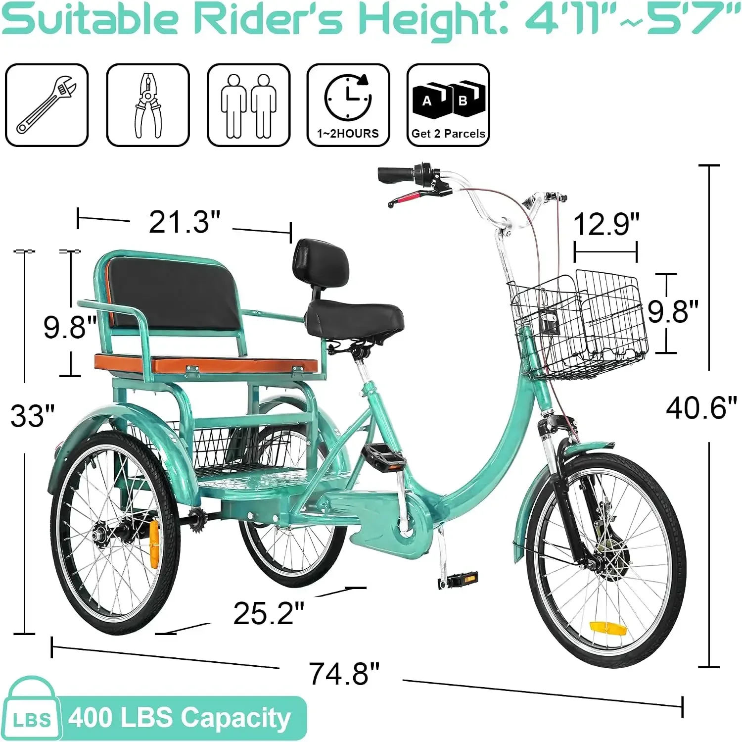 Adult Tricycle, 20 Inch 3-Wheel Bikes, Trike for Adults with Seat, Low Step-Through Cruiser Bike with Front and Rear Baskets