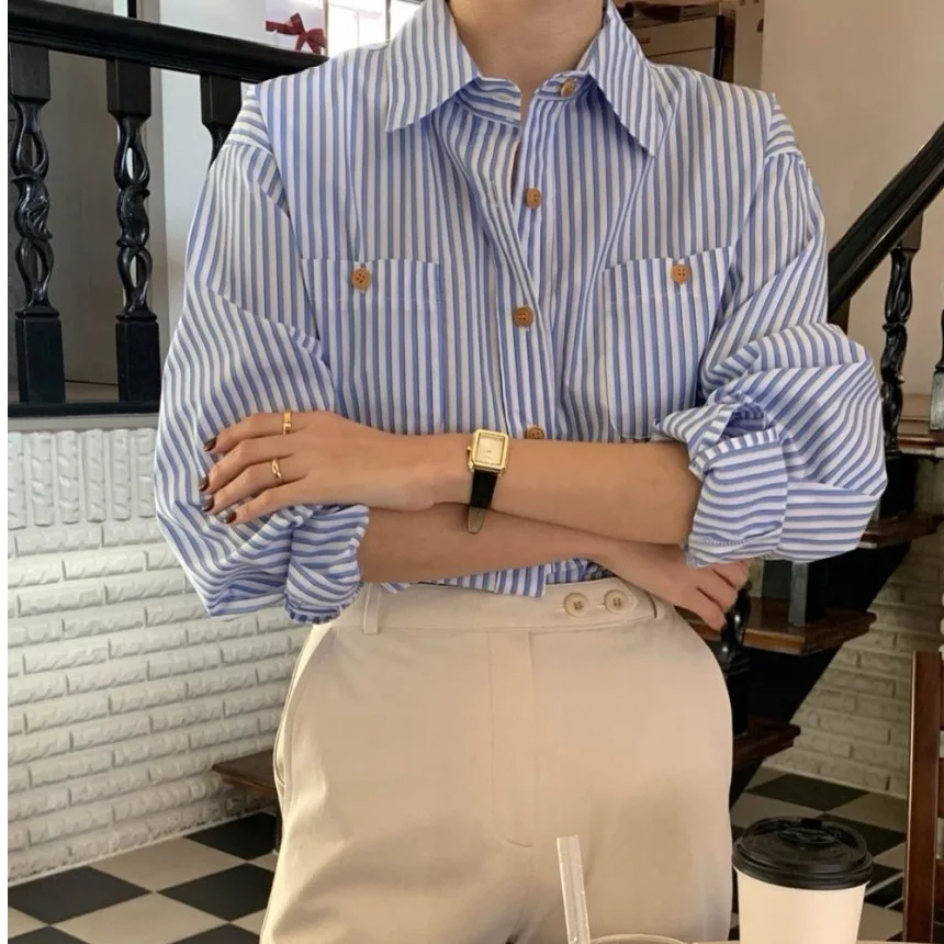 

Spring 2026 Casual Style Korean Striped Women's Shirt Long Sleeve Regular Fit Polyester Fiber Button up Top Versatile Design