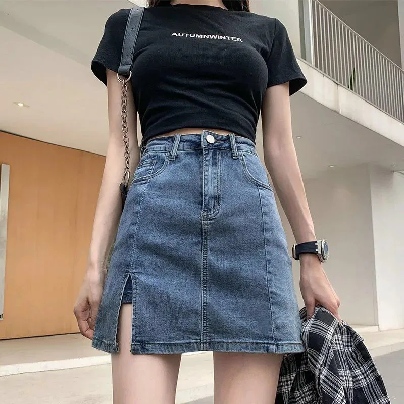 

Denim Solid Skirts Women Streetwear Zipper Mini A-line Empire Retro Kroean Style Slim Summer New All-match Leisure Lining Skirt