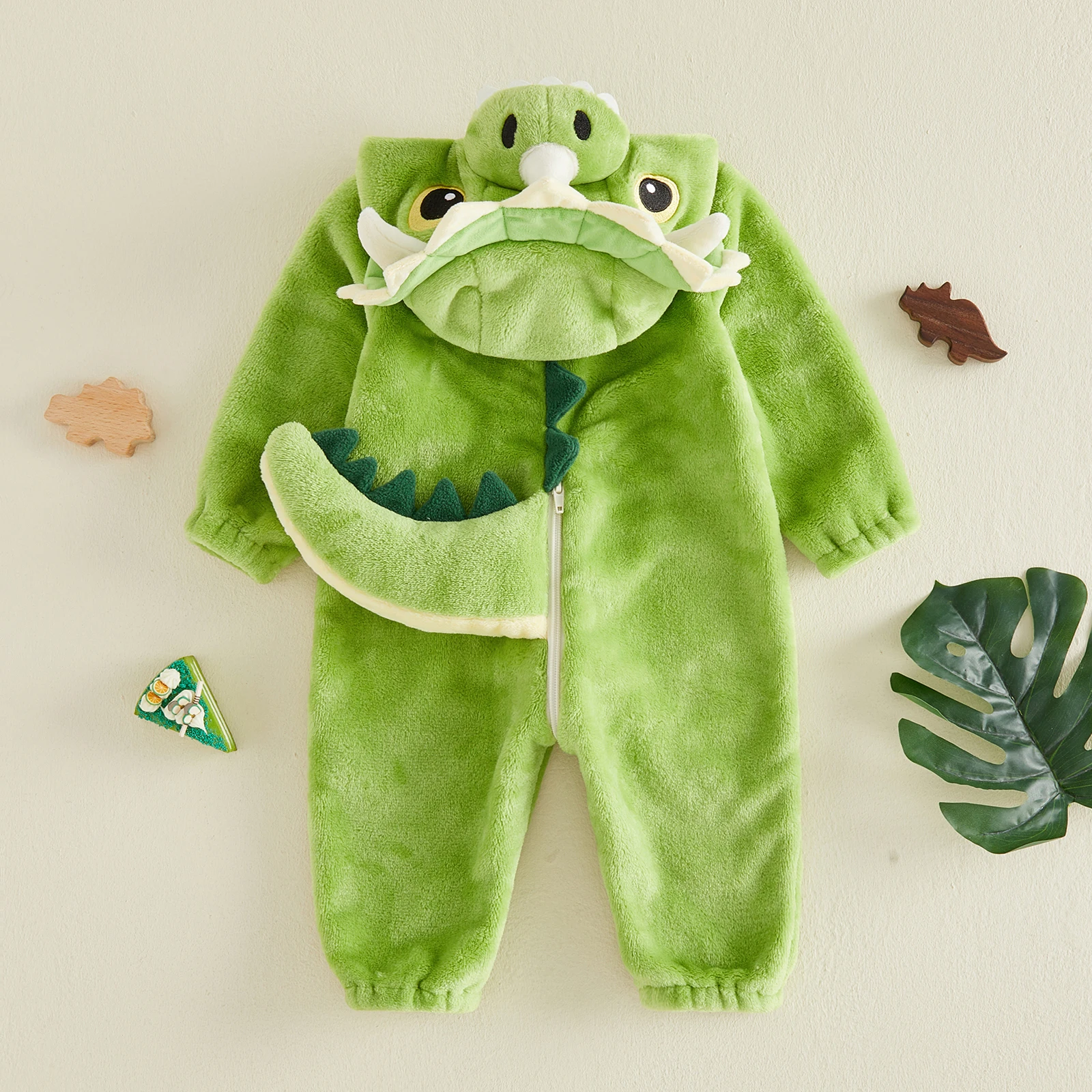 0-12M Newborn Infant Baby Boy Animal Costume Front Zipper Cute Plush Baby Hooded Dinosaur Romper for Halloween Cosplay Outfit