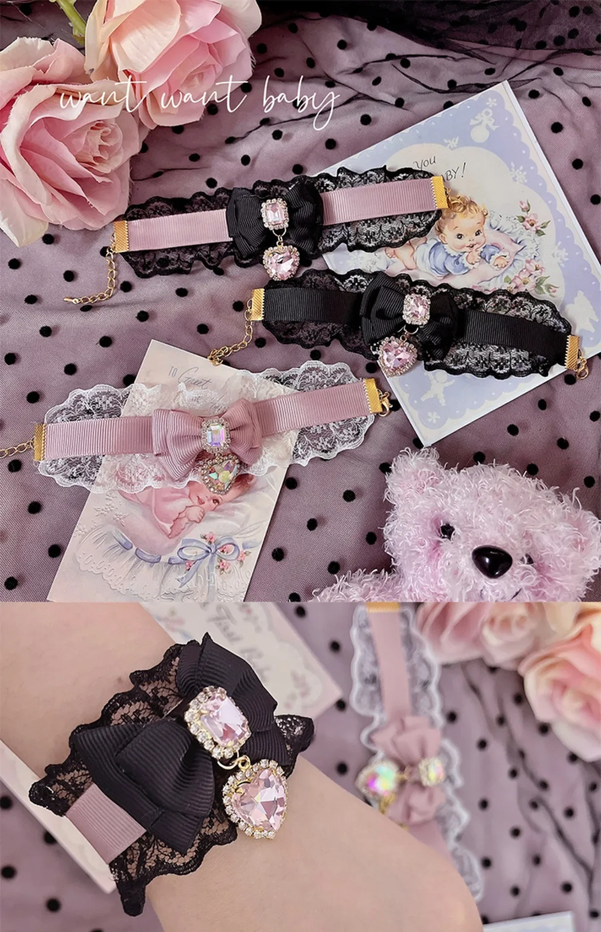 Japanese Lolita Style Women Accessories Sweet Lace Love Heart Bow Tie Rhinestone Oversleeves Brace Lace Bracelet