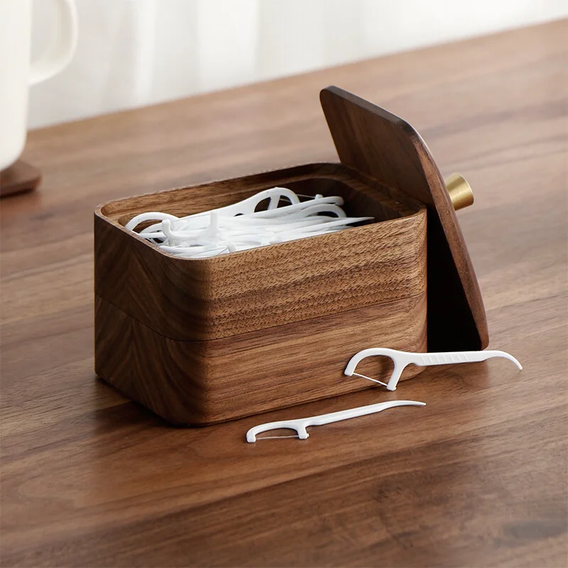 

Walnut dental floss storage box home Nordic high-end toothpick tube cotton swab box personality creativity